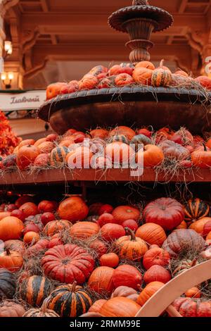 Bright autumnal orange fresh seasonal pumpkins on hay. Autumn harvest and thanksgiving composition. Vertical poster. Stock Photo