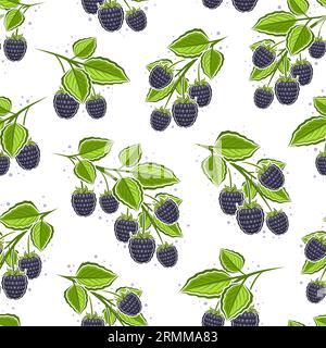Vector Blackberry Branches seamless pattern, square repeat background with illustration of blackberries still life composition for wrapping paper, col Stock Vector