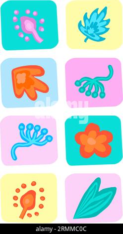 Floral botanical abstract set. Stickers. Colored flowers, leaves, buds in squares. Memphis style, cartoon. Vector isolated. Vertical. Social networks, Stock Vector