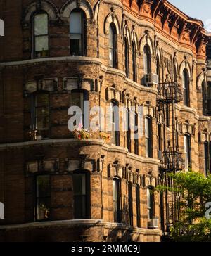 morning sunlight on buildings along Prospect park west in Park Slope Brooklyn NYC Stock Photo