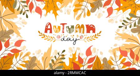 Autumn day vector banner. Abstract Fall background with lettering. Colorful banners with autumn fallen leaves and yellowed foliage. Stock Vector