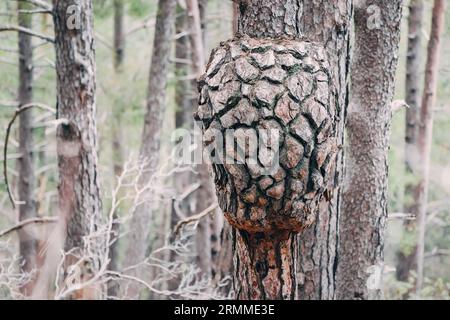 Intriguing tree burl amidst the forest: A natural outgrowth on the trunk, blending with the bark's textures and surrounded by greenery. Stock Photo