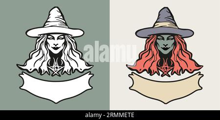 Emblem illustration of witch head with hat and tribal symbols and blank banner for text Stock Vector