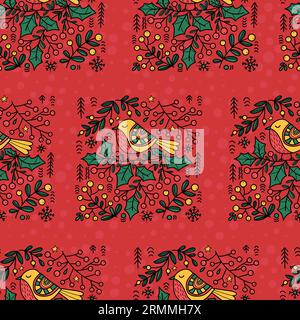 Christmas Seamless Pattern. Folk Art Birds on red background. Vector illustration. Xmas folk repetitive design Stock Vector