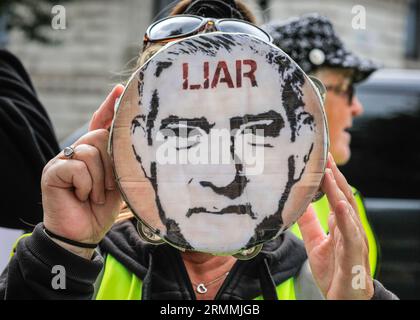 Westminster, London, UK. 29th Aug, 2023. Protesters opposite Downing Street on Whitehall rally against ULEZ, the Ultra Low Emission Zone, on the day the extended ULEZ zone has come into force. Many raise their voices against not only the charge, but London Mayor Sadiq Khan. Credit: Imageplotter/Alamy Live News Stock Photo