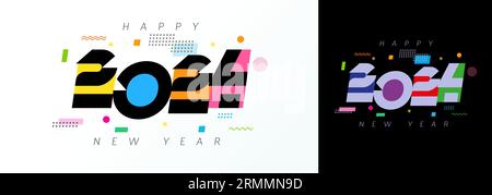 2024 New Year logo design with sport numbers and memphis style elements. Happy New Year vector symbols for greeting card or calendar tournament Stock Vector