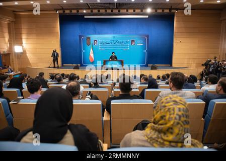 Tehran, Iran. 29th Aug, 2023. Iranian President Ebrahim Raisi speaks during a press conference in Tehran, Iran, Tuesday, Aug. 29, 2023. (Photo by Sobhan Farajvan/Pacific Press/Sipa USA) Credit: Sipa USA/Alamy Live News Stock Photo