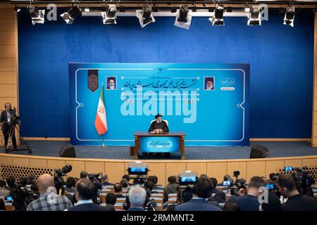 Tehran, Iran. 29th Aug, 2023. Iranian President Ebrahim Raisi speaks during a press conference in Tehran, Iran, Tuesday, Aug. 29, 2023. (Photo by Sobhan Farajvan/Pacific Press/Sipa USA) Credit: Sipa USA/Alamy Live News Stock Photo