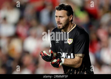 Madrid, Spain. 28th Aug, 2023. Stole Dimitrievski of Rayo Vallecano during the La Liga match between Rayo Vallecano and Atletico de Madrid played at Vallecas Stadium on August 28 in Madrid, Spain. (Photo by Cesar Cebolla/PRESSINPHOTO) Credit: PRESSINPHOTO SPORTS AGENCY/Alamy Live News Stock Photo