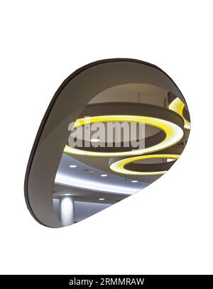 See the Hanging rounded ceiling mounted light fixtures with modern LED light bulb. Looking through Glass wall panels isolated on white background with Stock Photo