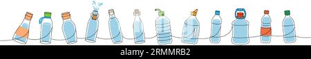Bottles one line colored continuous drawing. Empty glass and plastic bottles continuous one line illustration. Vector minimalist linear illustration. Stock Vector