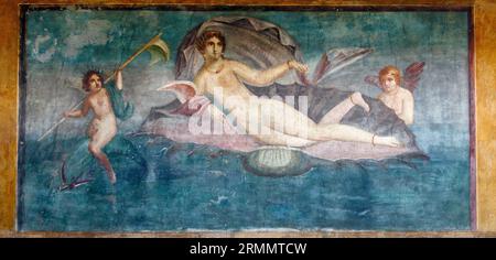 Pompeii Archaeological Site, Campania, Italy.   Fresco of Venus in a seashell.  House of Venus in a Seashell.  Casa della Venere in conchiglia. Pompei Stock Photo