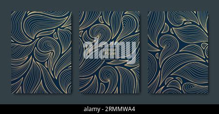 Vector japanese leaves art deco patterns. Floral golden elements template in vintage style. Luxury black line covers, flyers, brochures, packaging Stock Vector