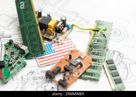 Printed circuit board with electronic chips and electronic scheme. Electronic documentation. Stock Photo