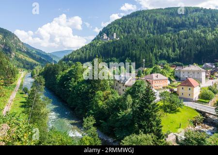 Ramingstein: village Ramingstein, Finstergrün Castle, river Mur in Lungau, Salzburg, Austria Stock Photo