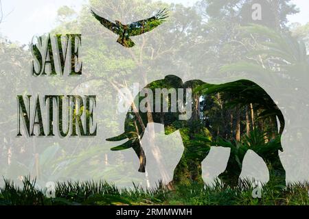 Elephant silhouette on the background of the forest. Motivational inscription Save nature. Ecology concept, World Animal Day. Stock Photo