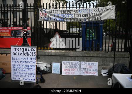 10 Downing Street, London, UK, August 29 2023. The 2023 Targeted Individuals Day in the UK raises awareness among people in the UK. According to the protester and a victim, Directed energy weapons and Mind Control technologies have been used as experiments on people since the 1950s. The aim of directed energy weapons is to target individuals who are intelligent and speak out against government corruption, human rights violations, injustice, and people they don't like. Also, Mind Control technologies are used to control people. All of this is being done remotely and covertly away from public aw Stock Photo