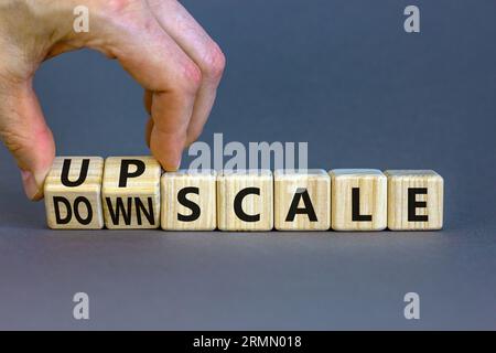 Upscale or downscale symbol. Concept words Upscale or Downscale on wooden cubes. Beautiful grey table grey background. Businessman hand. Business upsc Stock Photo