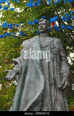 A statue of the last Austrian Emperor, Charles I, in front of St. Mary's Church on the Monte of Funchal, Madeira Stock Photo