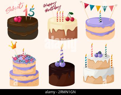 Set of decorated wedding or anniversary cakes.  Stock Vector
