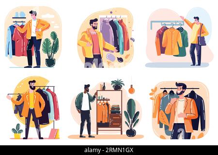 Hand Drawn Happy man with clothing store in flat style isolated on background Stock Vector