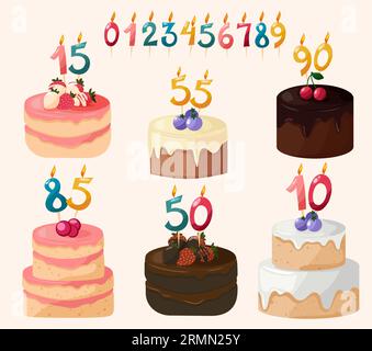 Set of cakes with candles figures as numbers.  Stock Vector