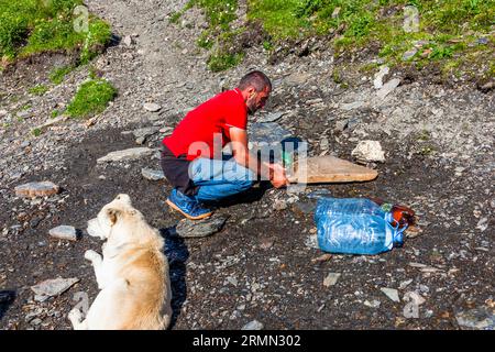 A man (possibly a horse handler) in a red T-shirt and jeans crouches at a damp spot on a scree slope below the Atsunta Pass on the Khevsur side in Dusheti Municipality, Mtskheta-Mtianeti region, Georgia. He holds a flat stone slab with both hands. A green plastic bottle stands at its edge. He is possibly filling water at a spring. A large water canister and a brown bottle lie on the right. A white dog lies on the left. Hikers and pack horses spent the night at an altitude of around 3,000 metres. Six pack horses and their handlers accompanied the four-member hiking group. Khevsureti (Georgian ხ Stock Photo
