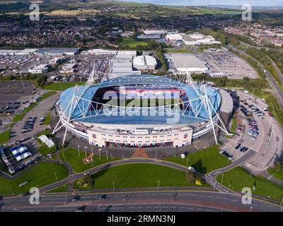 Bolton, UK. 26th Aug, 2023. An aerial view of the Toughsheet Stadium, home to Bolton Wanderers during the Carabao Cup match Bolton Wanderers vs Middlesbrough at University of Bolton Stadium, Bolton, United Kingdom, 29th August 2023 (Photo by Ryan Crockett/News Images) in Bolton, United Kingdom on 8/26/2023. (Photo by Ryan Crockett/News Images/Sipa USA) Credit: Sipa USA/Alamy Live News Stock Photo