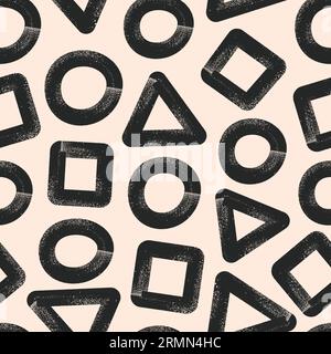 Abstract geometric shapes on beidge background. Black bold inc brush lines. Vector seamless pattern. Stock Vector
