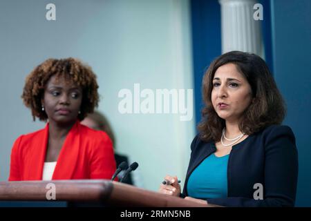 Washington, United States. 29th Aug, 2023. Domestic Policy Advisor Neera Tanden speaks during the daily press briefing at the White House in Washington, DC on Tuesday, August 29, 2023. Photo by Bonnie Cash/UPI Credit: UPI/Alamy Live News Stock Photo
