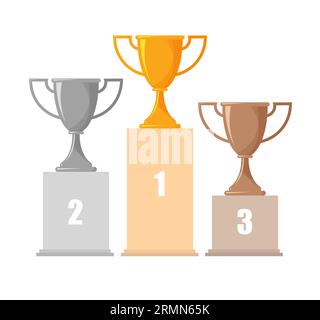 Silver, gold and bronze trophy cups. Award or winner cup on champion podium. Vector illustration isolated on white background. Stock Vector