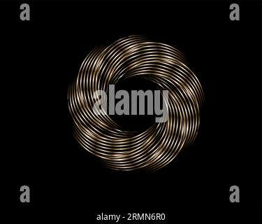 Metallic Abstract Flower Vortex, vector geometric circles bronze logo design isolated on black background. Technology round in wave elements Stock Vector
