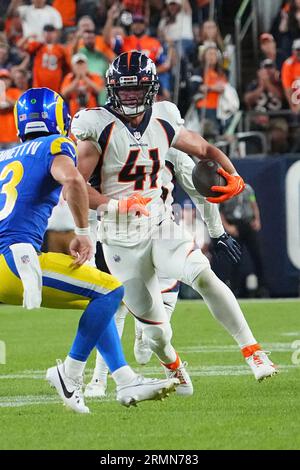 Denver Broncos linebacker Drew Sanders takes part in drills during an NFL  football training camp at the team's headquarters Friday, July 28, 2023, in  Centennial, Colo. (AP Photo/David Zalubowski Stock Photo - Alamy