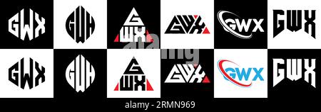 GWX letter logo design in six style. GWX polygon, circle, triangle, hexagon, flat and simple style with black and white color variation letter logo se Stock Vector