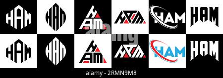 HAM letter logo design in six style. HAM polygon, circle, triangle, hexagon, flat and simple style with black and white color variation letter logo se Stock Vector