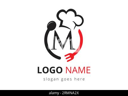 Letter M Logo With Chef Hat, Spoon And Fork For Restaurant Logo. Modern vector logo for cafe, restaurant, cooking business, and company identity Stock Vector