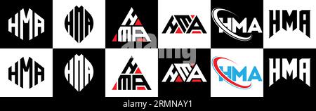 HMA letter logo design in six style. HMA polygon, circle, triangle, hexagon, flat and simple style with black and white color variation letter logo se Stock Vector