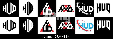 HUD letter logo design in six style. HUD polygon, circle, triangle, hexagon, flat and simple style with black and white color variation letter logo se Stock Vector