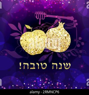 Jewish New Year greeting card concept. Text in Hebrew, holiday traditional meal. Network or social media post. Decorative poster. Glittering gold bg Stock Vector