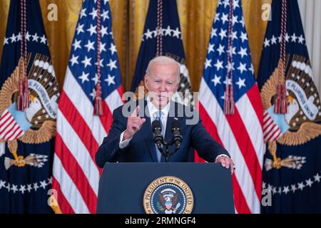 US President Joe Biden delivers remarks during an event on lowering health care costs at the White House in Washington, DC, USA. 29th Aug, 2023. The Biden administration has released a list of 10 medications for which prices will be negotiated directly with the manufacturer. Credit: Sipa US/Alamy Live News