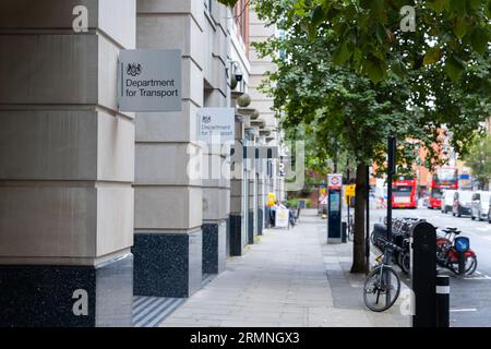 London, UK. August 29, 2023. Department for Transport logo and entrance sign located on Horseferry Road in Westminster, London. Stock Photo