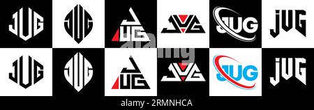 JUG letter logo design in six style. JUG polygon, circle, triangle, hexagon, flat and simple style with black and white color variation letter logo se Stock Vector