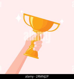 Hand holds trophy champion gold cup. Award ceremony concept. Winner success. Vector illustration in a trendy flat style isolated on pink background. Stock Vector