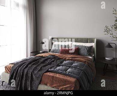 Dark grey bedroom interior mockup with bright color orange, red and green. Empty gray wall background. Scandinavian elegant american style. 3d Stock Photo