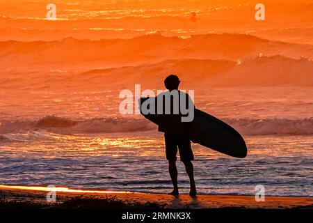 Isle Of Palms, United States. 29th Aug, 2023. A surfer silhouetted by the dramatic sunrise checks the wave conditions caused by the passing Hurricane Franklin before heading out, August 29, 2023 in Isle of Palms, South Carolina. Hurricane Franklin, a Category 4 monster storm is heading to Bermuda while Hurricane Idalia is expected to pass overhead on Thursday. Credit: Richard Ellis/Richard Ellis/Alamy Live News Stock Photo