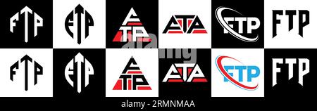 FTP letter logo design in six style. FTP polygon, circle, triangle, hexagon, flat and simple style with black and white color variation letter logo se Stock Vector