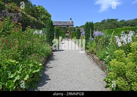 The double herbaceous border at Plas Cadnant, the Hidden Gardens, Menai Bridge, Anglesey. Stock Photo