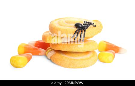Tasty cookies with candy corns and decoration spider for Halloween celebration isolated on white background Stock Photo