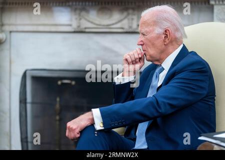 Washington, United States. 29th Aug, 2023. US President Joe Biden during a meeting with Costa Rican President Rodrigo Chaves Robles in the Oval Office at the White House in Washington, DC, USA, 29 August 2023. Credit: Sipa USA/Alamy Live News Stock Photo