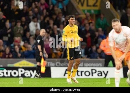 Nathan Fraser of Wolves celebrates scoring their side's fifth goal of the game during the Carabao Cup Second Round match between Wolverhampton Wanderers and Blackpool at Molineux, Wolverhampton on Tuesday 29th August 2023. (Photo: Gustavo Pantano | MI News) Credit: MI News & Sport /Alamy Live News Stock Photo